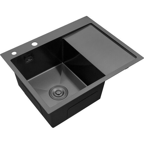 Кухонная мойка Kroner KRP Schwarze 6350LHM PVD (Schwarze-6350LHMPVD, 63x50 см, 3.0/1.0 мм, с коландером и сифоном), Доступные размеры: 63 x 50 L, фото 4