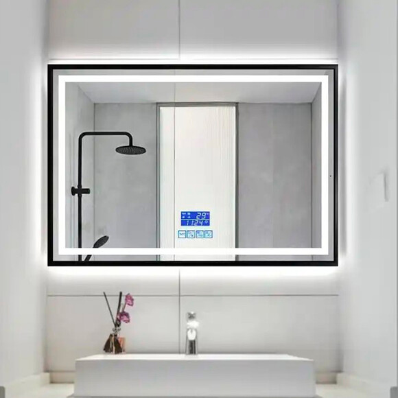 Зеркало для ванной комнаты Dusel DE-M0061S1 Black 600611 (80х65 см, черное с LED-подсветкой, подогревом, bluetooth, часами и температурой), Доступные размеры: 80 x 65, Цвет производителя: черный, фото 2