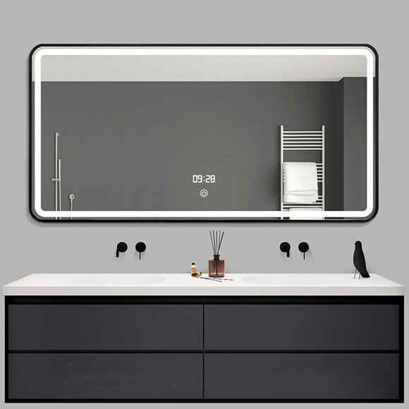Зеркало для ванной комнаты Dusel DE-M0065D Black 606505 (100х75 см, черное, с LED-подсветкой, диммером, подогревом, часами и температурой), Доступные размеры: 100 x 75, Цвет производителя: черный, фото 