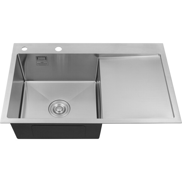 Кухонна мийка Kroner KRP Gebürstet 7849LHM (Geburstet-7849LHM, 78x49 см, 3.0/1.0 мм, з коландером  та сифоном), Доступні розміри: 78 x 49 L, фото , изображение 2