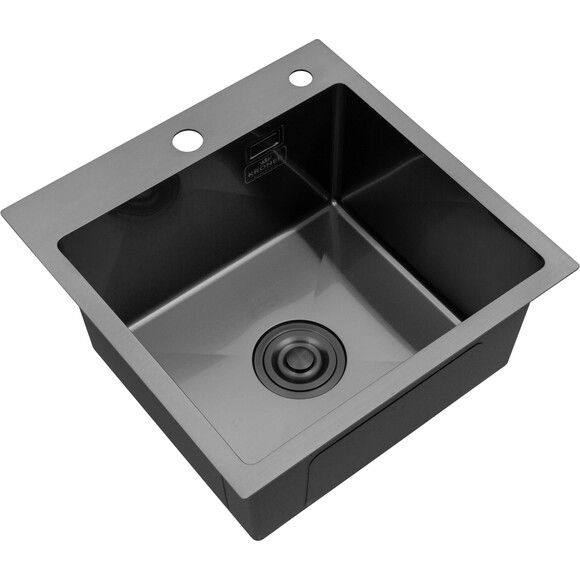 Кухонная мойка Kroner KRP Schwarze 4545HM PVD (Schwarze-4545HM, 45x45 см, 3.0/1.0 мм, с коландером и сифоном), Доступные размеры: 45 x 45, фото 4