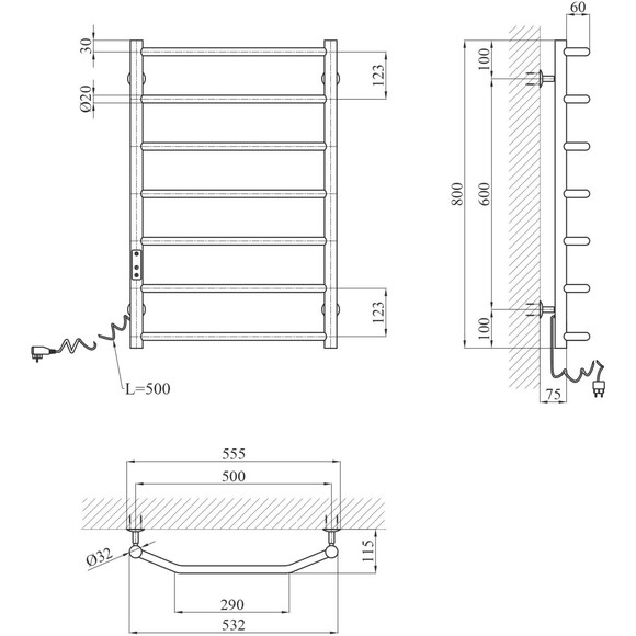 Электрический полотенцесушитель Kroner KRP Diva DV-EL80x50-7 (500x800, левый, сенсорный), Доступные размеры: 500 x 800, Подключение полотенцесушителя: левое, фото 6