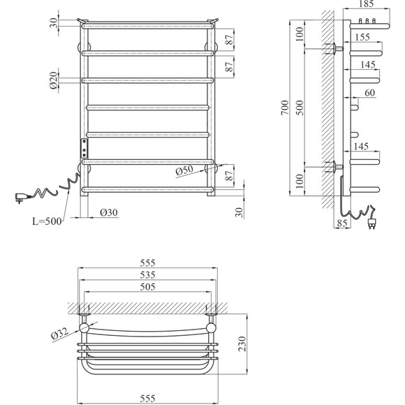 Электрический полотенцесушитель Kroner KRP Stern ST-EL70x50-7 (500x700, левый, сенсорный), Доступные размеры: 500 x 700, Подключение полотенцесушителя: левое, фото 6