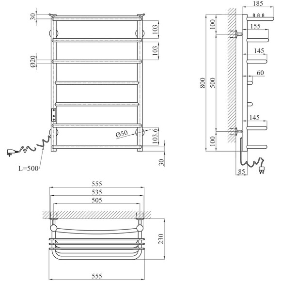 Электрический полотенцесушитель Kroner KRP Stern ST-EL80x50-7 (500x800, левый, сенсорный), Доступные размеры: 500 x 800, Подключение полотенцесушителя: левое, фото 6