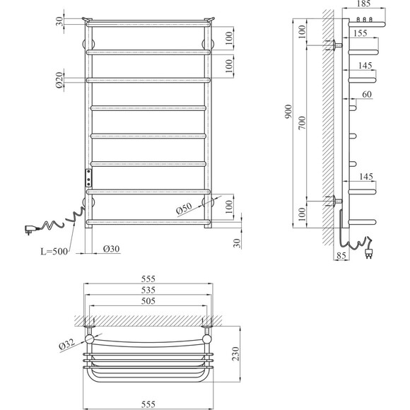 Електрична рушникосушарка Kroner KRP Stern ST-EL90x50-8 (500x900, ліва, сенсорна), Доступні розміри: 500 x 900, Підключення рушникосушарки: ліве, фото , изображение 6