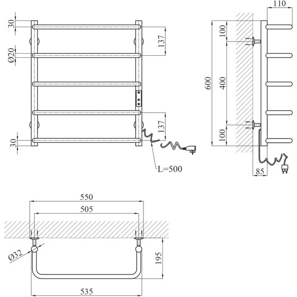 Електрична рушникосушарка Kroner KRP Stil STL-ER60x50-5 (500x600, права, сенсорна), Доступні розміри: 500 x 600, Підключення рушникосушарки: праве, фото , изображение 6