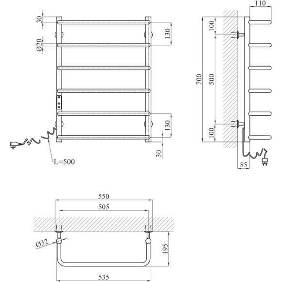 Электрический полотенцесушитель Kroner KRP Stil STL-EL70x50-6 (500x700, левый, сенсорный), Доступные размеры: 500 x 700, Подключение полотенцесушителя: левое, фото 6