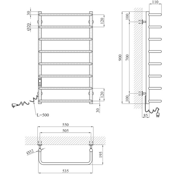 Електрична рушникосушарка Kroner KRP Stil STL-EL90x50-8 (500x900, ліва, сенсорна), Доступні розміри: 500 x 900, Підключення рушникосушарки: ліве, фото , изображение 6