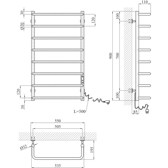 Електрична рушникосушарка Kroner KRP Stil STL-ER90x50-8 (500x900, права, сенсорна), Доступні розміри: 500 x 900, Підключення рушникосушарки: праве, фото , изображение 6