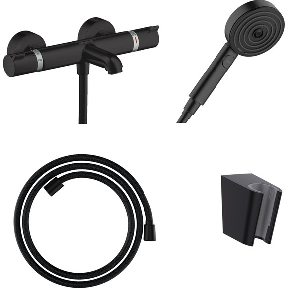 Змішувач для ванни з термостатом Hansgrohe Ecostat Comfort Black Matt 13114670U (13114670+28331670+28260670+24101670, чорний матовий, з лійкою та шлангом), фото 