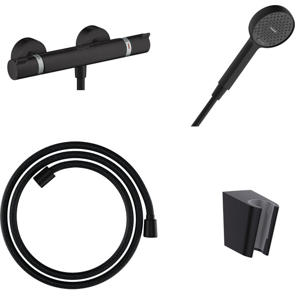 Змішувач для душу з термостатом Hansgrohe Ecostat Comfort Black Matt 13116670U (13116670+28331670+28260670+28033670, чорний матовий, з лійкою та шлангом), фото 