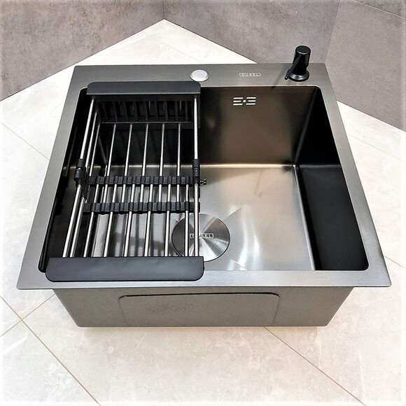 Кухонна мийка Dusel SS304 PVD Nano Black DS50560-2NB (60x50 см, чорна матова, 3.0/0.8 мм, з дозатором, сифоном та коландером), Доступні розміри: 60x50, Колір виробника: чорний матовий, Тип поверхні: PVD brash, фото , изображение 5