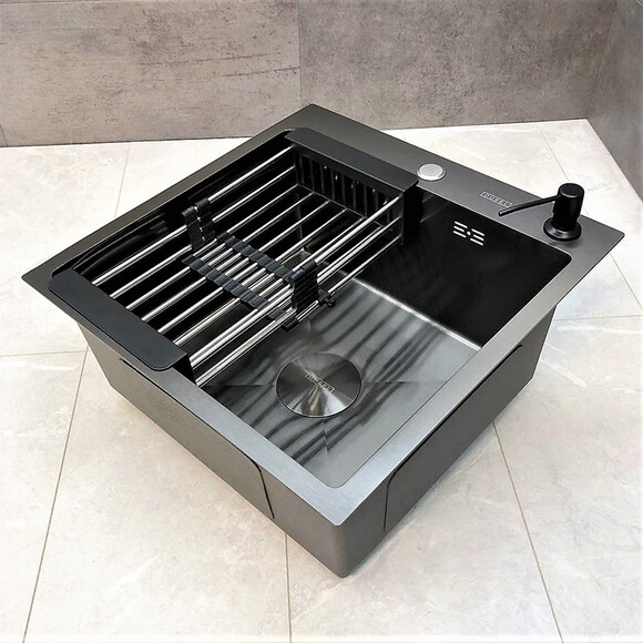 Кухонна мийка Dusel SS304 PVD Nano Black DS50550-1NB (50x50 см, чорна матова, 3.0/0.8 мм, з дозатором, сифоном та коландером), Доступні розміри: 50x50, Колір виробника: чорний матовий, Тип поверхні: PVD brash, фото , изображение 6