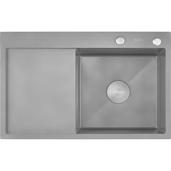 Мийка для кухні Dusel SS304 PVD Nano Grey DS50678-2RNG (78x49 см, права, сіра матова, 3.0/0.8 мм, з сифоном, дозатором та коландером), Доступні розміри: 78 x 49 R, Колір виробника: сірий матовий, Тип поверхні: PVD brash, фото , изображение 2