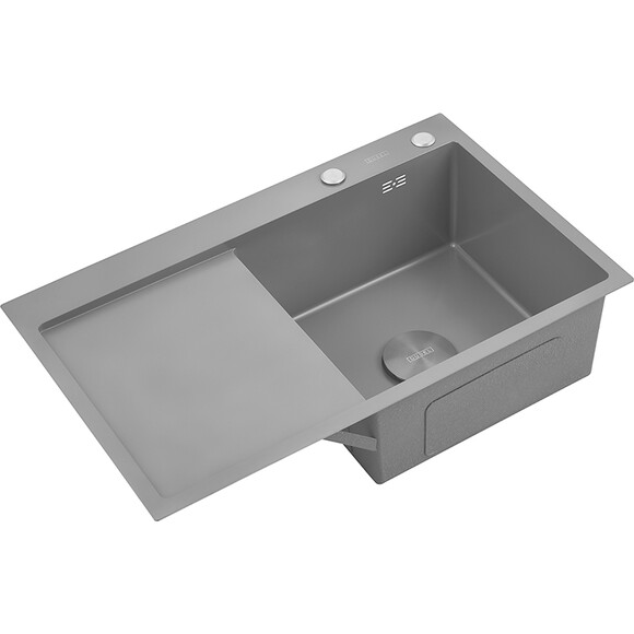 Мийка для кухні Dusel SS304 PVD Nano Grey DS50678-2RNG (78x49 см, права, сіра матова, 3.0/0.8 мм, з сифоном, дозатором та коландером), Доступні розміри: 78 x 49 R, Колір виробника: сірий матовий, Тип поверхні: PVD brash, фото 