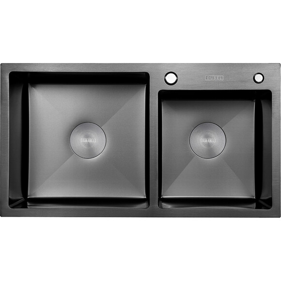 Мойка для кухни Dusel SS304 PVD Nano Black DS50878-2RNB (78x43 см, правая, черная матовая, 3.0/0.8 мм, с сифоном, дозатором и коландером), Доступные размеры: 78 x 43 R, Цвет производителя: черный матовый, Тип поверхности: PVD brash, фото 2