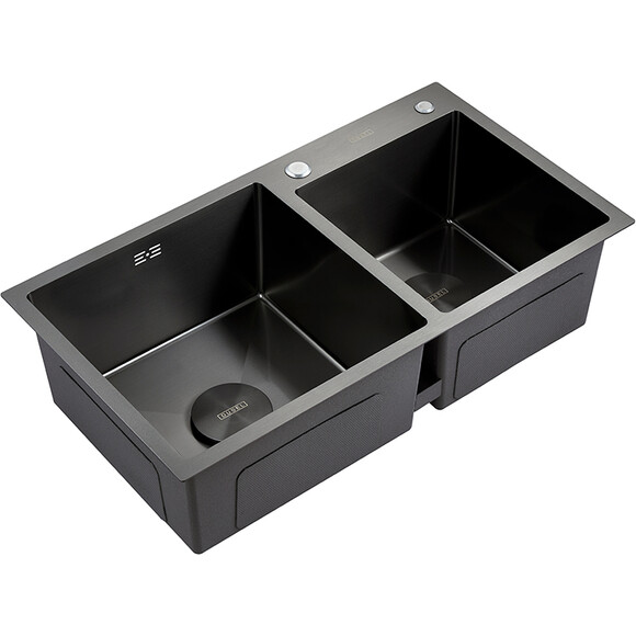 Мойка для кухни Dusel SS304 PVD Nano Black DS50878-2RNB (78x43 см, правая, черная матовая, 3.0/0.8 мм, с сифоном, дозатором и коландером), Доступные размеры: 78 x 43 R, Цвет производителя: черный матовый, Тип поверхности: PVD brash, фото 