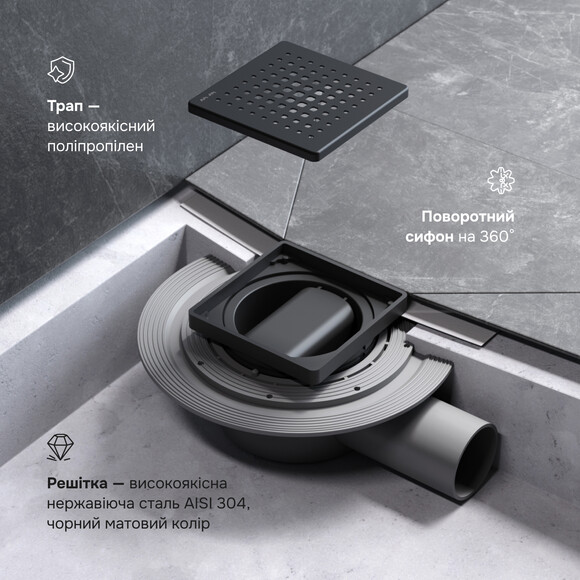 Душовий трап Am.Pm MasterFlow Cut Gradient W01BD-P11-010-01BM (10х10 см, чорний матовий), Колір виробника: чорний матовий, фото , изображение 4