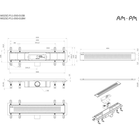 Душовий трап Am.Pm Primeflow Cut Gradient W02SC-P11-050-01SB (50 см, нержавіюча сталь), Колір виробника: нержавіюча сталь, Доступні розміри: 50, фото , изображение 8