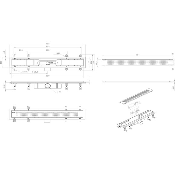 Душовий трап Am.Pm Primeflow Cut Gradient W02SC-P11-060-01BM (60 см, чорний матовий), Колір виробника: чорний матовий, Доступні розміри: 60, фото , изображение 8