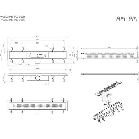 Душовий трап Am.Pm Primeflow Cut Gradient W02SC-P11-060-01SB (60 см, нержавіюча сталь), Колір виробника: нержавіюча сталь, Доступні розміри: 60, фото , изображение 8