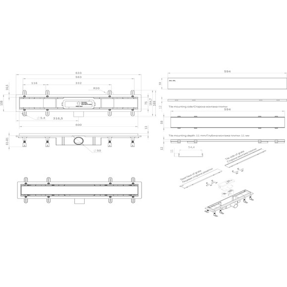 Душовий трап Am.Pm Primeflow Tile W02SC-U11-060-04BM (60 см, чорний матовий), Колір виробника: чорний матовий, Доступні розміри: 60, фото , изображение 8