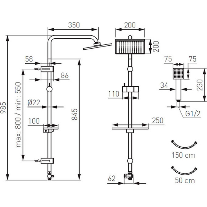 Душевая система Ferro Squerto Lux Chrome NP24 (без смесителя, с полкой), фото 2