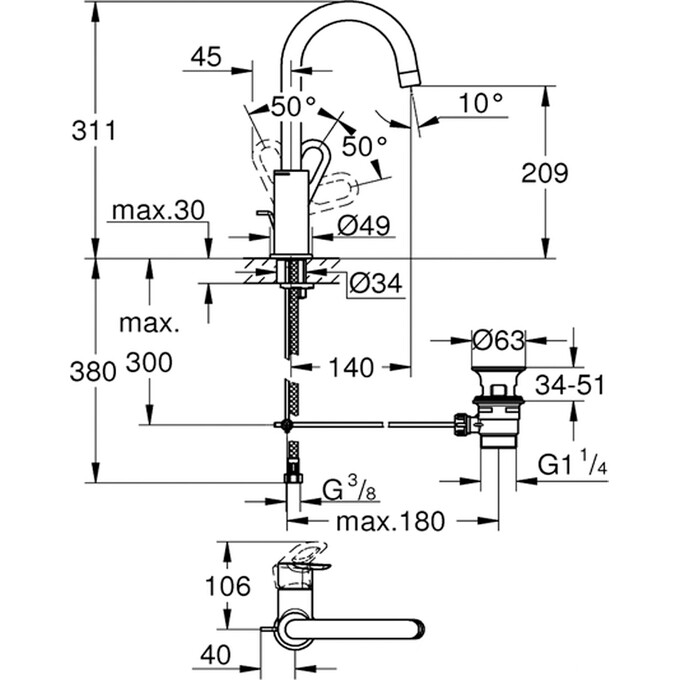 Змішувач для раковини Grohe Ectos 23763000, фото , изображение 2