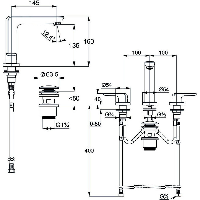 Смеситель для умывальника Kludi Ameo 413930575 (на три отверстия, с донным клапаном), фото 2
