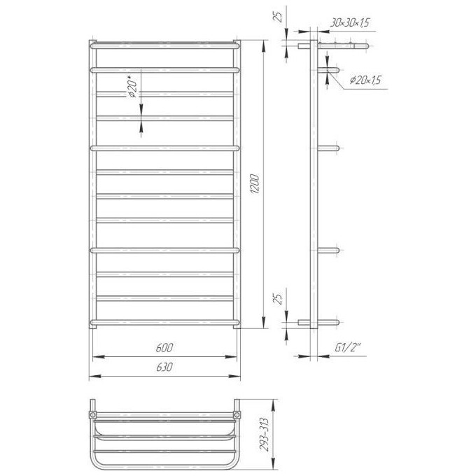 Водяной полотенцесушитель Mario Люксор 1.2.4402.03.P (4820111353309, 1200x630, хром/белый глянец/черный матовый/графит/золото, с полкой), фото 6