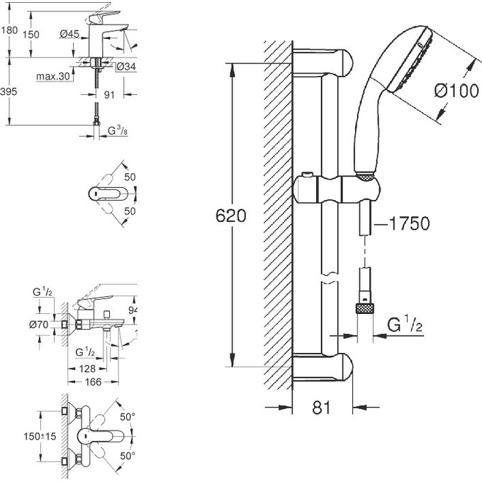 Набір змішувачів 3 в 1 для ванни Grohe Bau Edge 123365S, фото , изображение 5