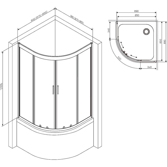 Душевая кабина 90x90 см Am.Pm Gem Deep 1/4 Round W90UG-401A090BT (без поддона, стекло прозрачное, профиль черный матовый), Цвет производителя: черный матовый, фото 8