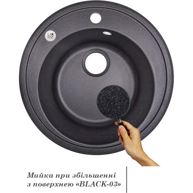 Кухонна мийка Lidz D510/200 BLA-03 (LIDZBLA03D510200, штучний камінь, 50 см, чорна), Колір виробника: чорний, фото , изображение 2