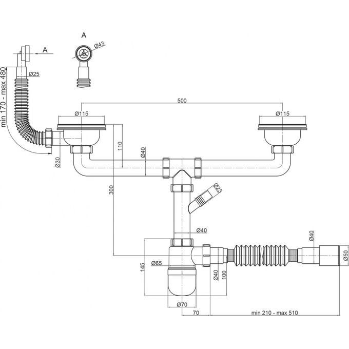 Сифон двойной для кухонной мойки Lidz 60 08 E001 02 ECO (LK07, с круглым переливом, выход 40/50 мм), фото 3
