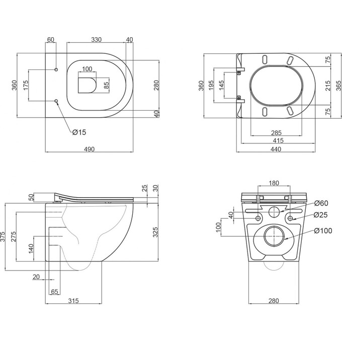 Безободковый подвесной унитаз Qtap Robin QT1333046ENRMB New (черный матовый, с сиденьем), фото 15