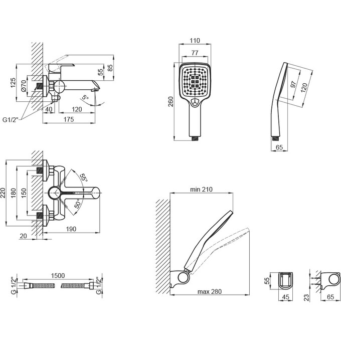 Змішувач для ванни Qtap Grand BCR 006 (чорний/хром, з лійкою та шлангом), фото , изображение 7
