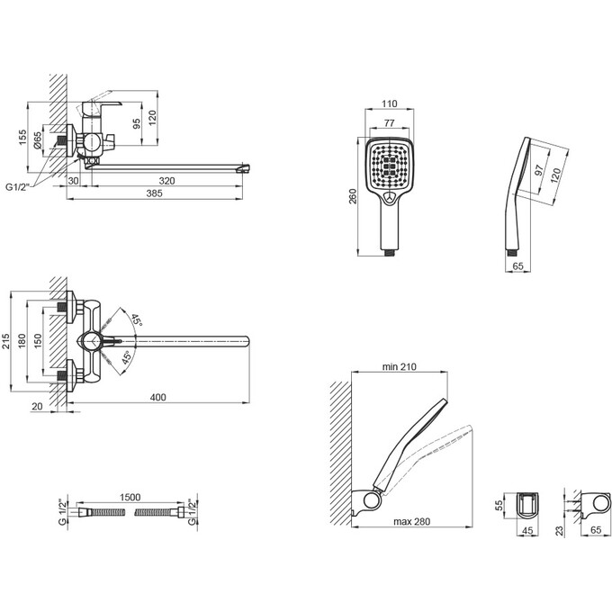 Змішувач для ванни Qtap Grand BCR 005 (чорний/хром, з лійкою та шлангом), фото , изображение 8