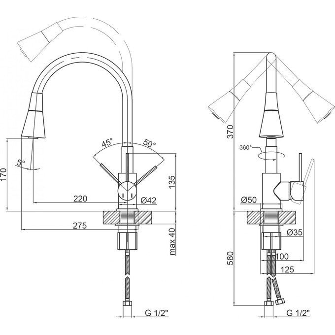 Смеситель для кухни с рефлекторным изливом Qtap Spring CRB 007F-1 (хром/черный), фото 6