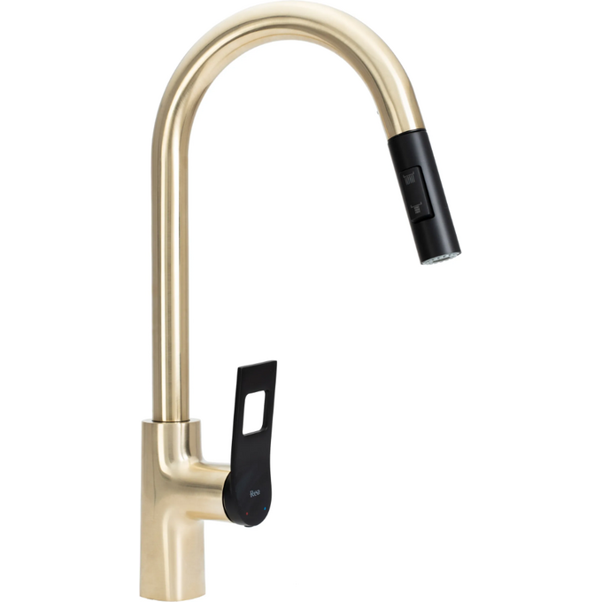 Змішувач для кухні з висувним виливом Rea Soul Gold/Black REA-B6205 (чорний/золотий), фото 