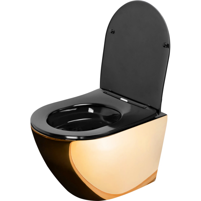 Безобідковий підвісний унітаз Rea Carlo Mini Flat Gold/Black REA-C8990 (з сидінням Soft-Close, золотий/чорний глянсовий), Колір виробника: золото, чорний глянець, фото , изображение 3