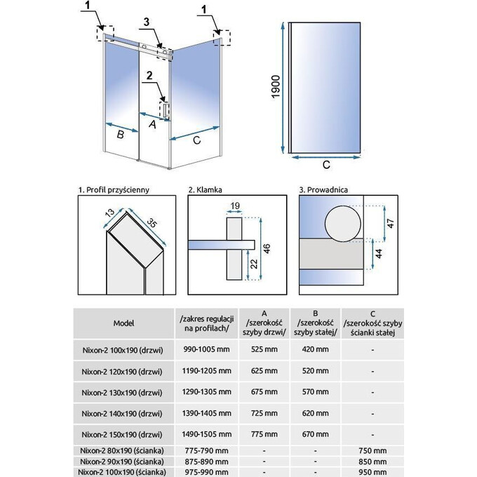 Бічна стінка Rea Nixon-2 100 REA-K5014 (100 см, прозоре скло, профіль хром), фото , изображение 3