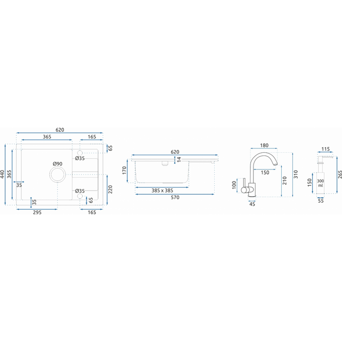 Кухонна мийка зі змішувачем Rea Nils Black ZLE-00100 (62x44 см, чорна, з дозатором та сифоном), Колір виробника: чорний, фото , изображение 12