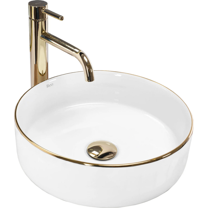 Раковина Rea Sami Gold Edge REA-U6758 (36x36 см, белая/золотая, чаша), Цвет производителя: белый глянец, золотой бортик, фото 