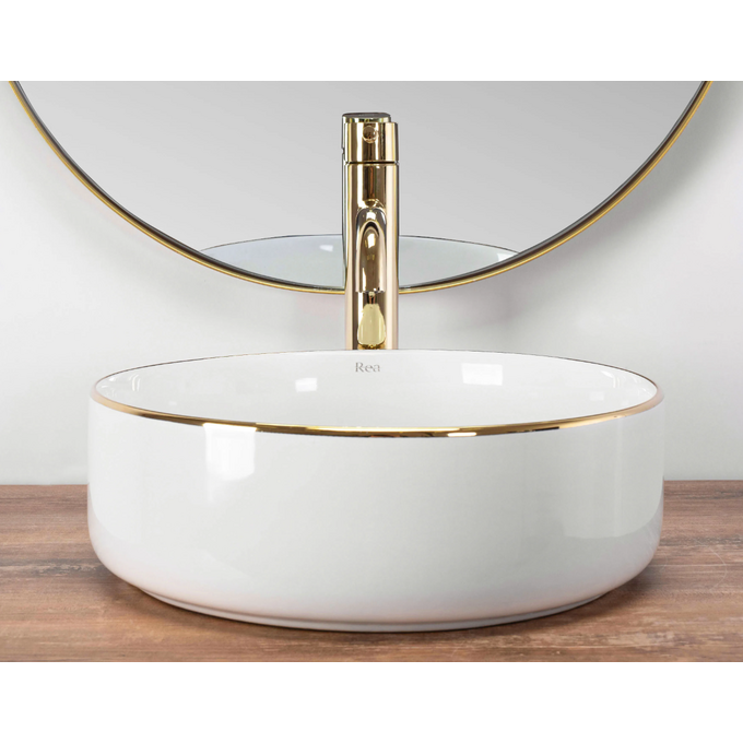 Раковина Rea Sami Gold Edge REA-U6758 (36x36 см, белая/золотая, чаша), Цвет производителя: белый глянец, золотой бортик, фото 4
