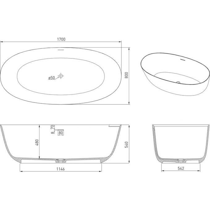 Ванна кам'яна Volle 12-22-168 (170x80 см, окремостояча, з сифоном, з ніжками), фото , изображение 4