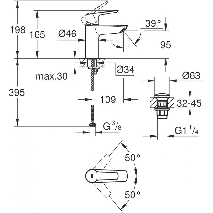 Змішувач для умивальника Grohe QuickFix Start S-Size 23550002 (з донним клапаном), фото , изображение 14