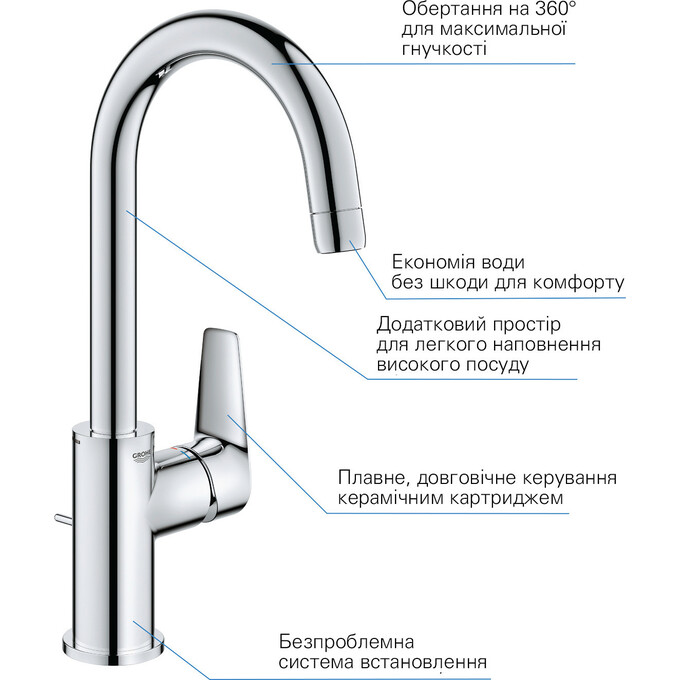 Змішувач для умивальника Grohe QuickFix StartEdge L-Size 24201001 (високий, з донним клапаном), фото , изображение 6