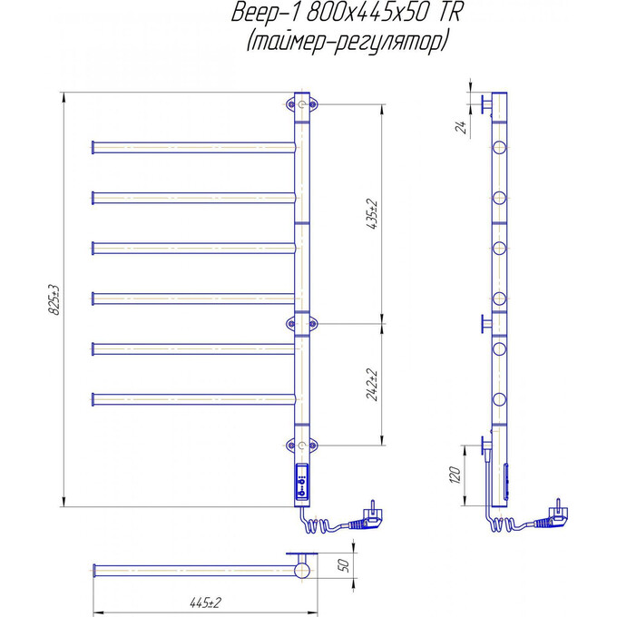 Электрический полотенцесушитель Mario Веер-I TR 2.3.0408.11.P (4820111355617, 800x445, хром/черный матовый, с таймером), фото 4