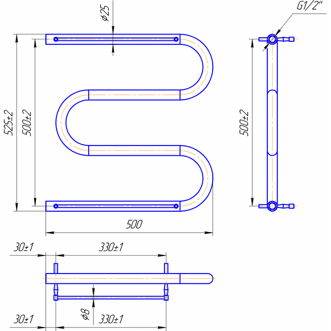 Водяной полотенцесушитель Mario Змейка ∅25 1.1.2603.04.P (4820111350070, 525x600, хром/сатин/белый глянец/черный матовый/графит/золото/бронза, с полкой), фото 5