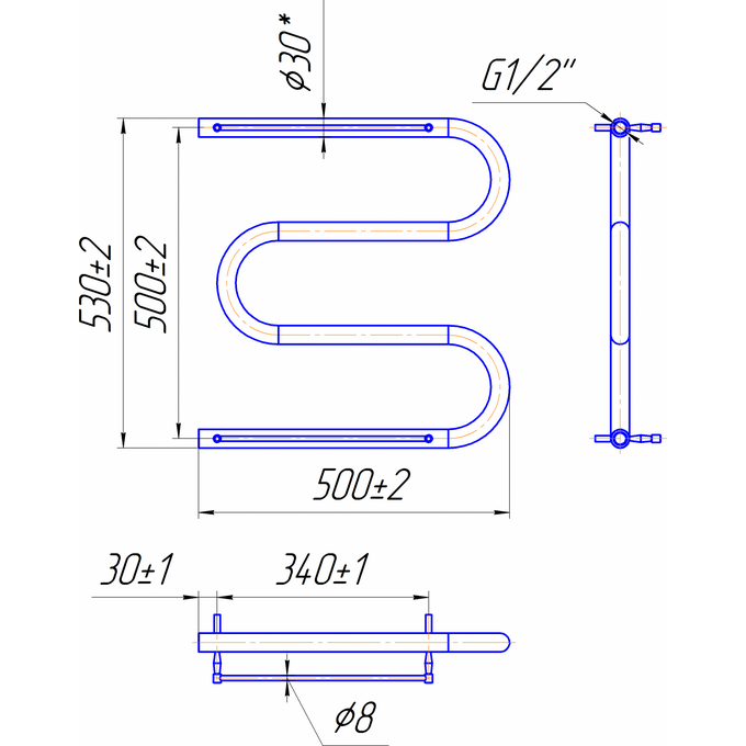 Водяной полотенцесушитель Mario Змейка ∅30 1.1.3100.05.P (4820111350582, 530x500, хром/сатин/белый глянец/черный матовый/графит/золото/бронза, с полкой), фото 5